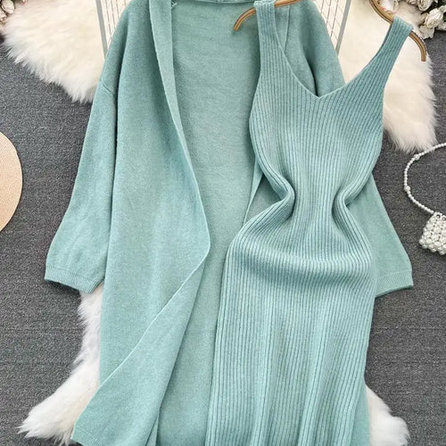 Load image into Gallery viewer, Autumn Thick Warm Solid Knitted Suit 2023 Stripe V Neck Vest Dress+ Loose Long Cardigans Sweater Home Wear Casual Two Pieces Set
