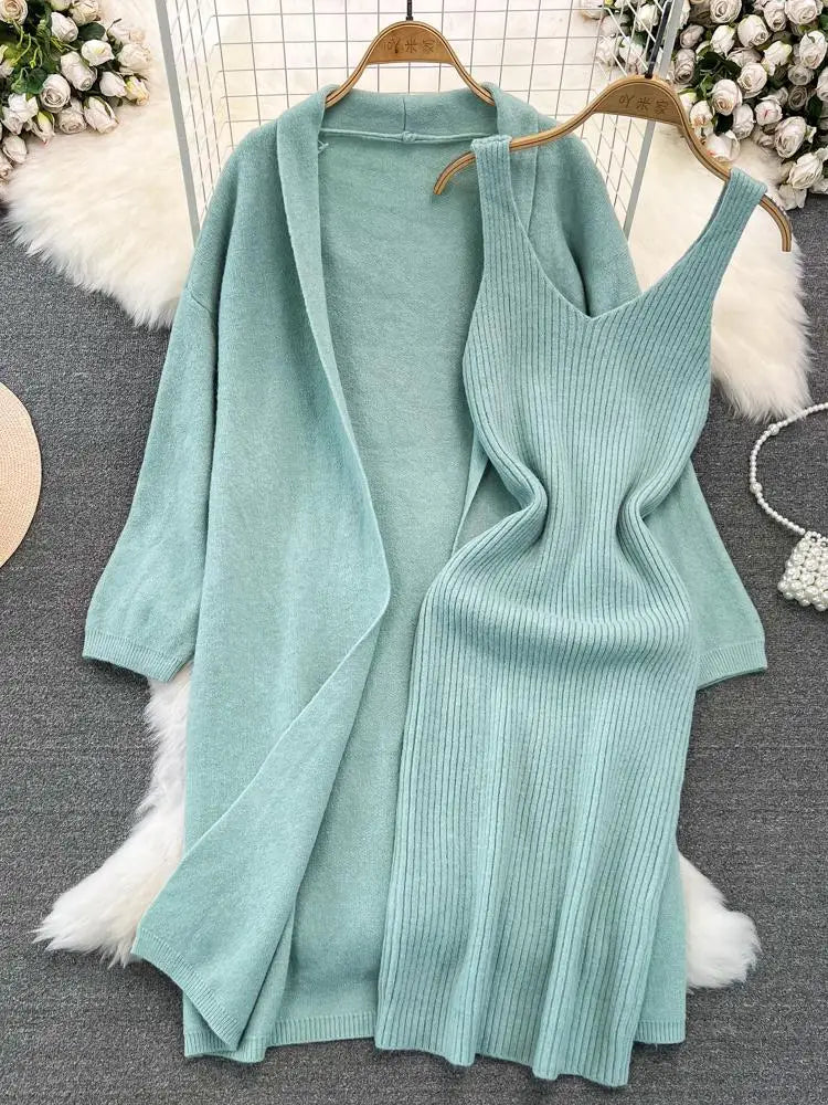Autumn Thick Warm Solid Knitted Suit 2023 Stripe V Neck Vest Dress+ Loose Long Cardigans Sweater Home Wear Casual Two Pieces Set