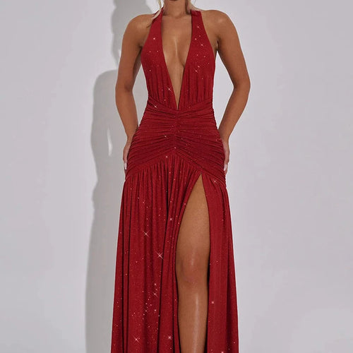 Load image into Gallery viewer, Glitter Deep V Neck Sexy Maxi Dress For Women 2025 Fashion Sparkle Halter Sleeveless Backless Split Club Long Dress
