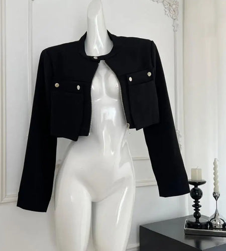 Korean Women Beige Long Sleeve Zipper Cardigans Coat 2024 Autumn Winter Black Elegant Round Neck Short Jacket Casual Simple Chic