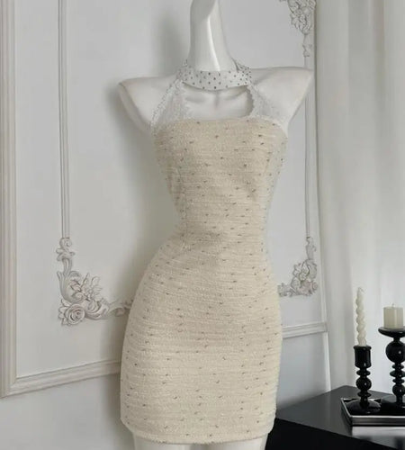 Summer Women Beige Sleeveless Temperament Hollow Out Halter Short Dress French Vintage Elegant Festival Backless Chic Mini Dress