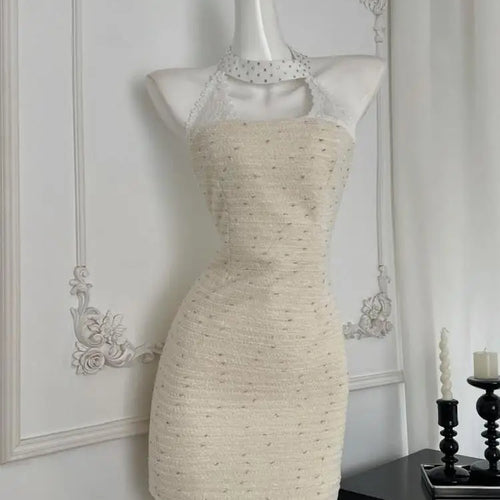 Load image into Gallery viewer, Summer Women Beige Sleeveless Temperament Hollow Out Halter Short Dress French Vintage Elegant Festival Backless Chic Mini Dress
