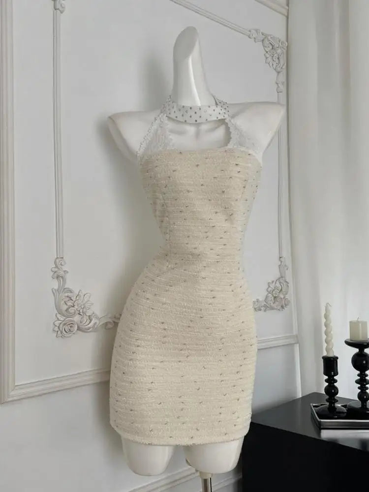 Summer Women Beige Sleeveless Temperament Hollow Out Halter Short Dress French Vintage Elegant Festival Backless Chic Mini Dress