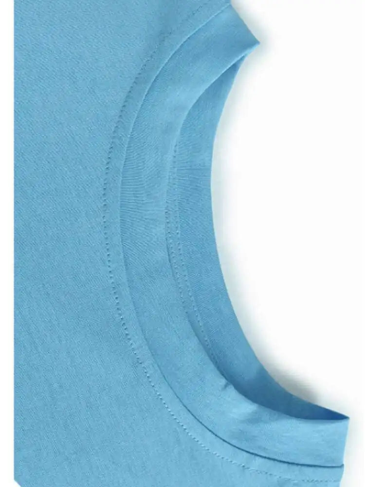 Women Blue Back Mesh Ruffles Big Size Casual T-shirt New Round Neck Short Sleeve Fashion Tide Spring Summer 2025 1DJ0181