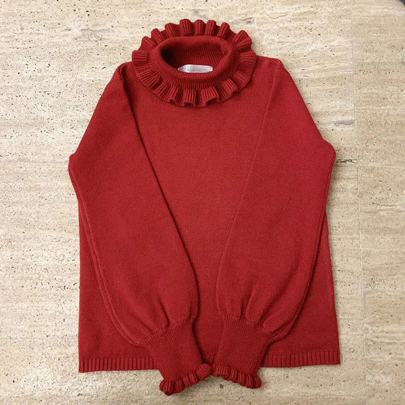 Basic Sweater Pullover Women Japan Korean Ruffle Turtleneck  Sweet Base Knit Tops Fashion Solid Y2k Cute Jumper