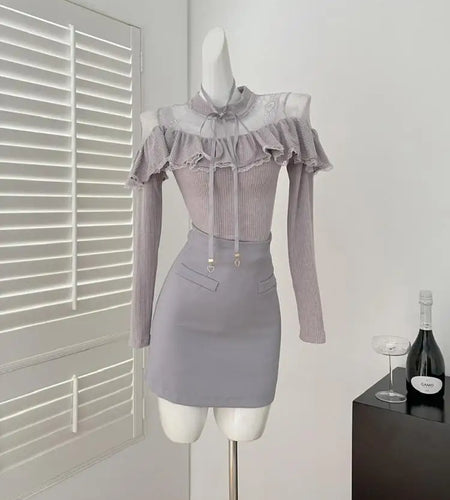 Autumn Winter Women Grey Patchwork Lace Elegant Ruffle Edge Long Sleeves Knit Tops And High Waist Slim Short Skirt Two-piece Set
