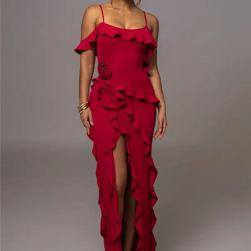 Load image into Gallery viewer, Elegant Ruffle Sexy Maxi Dress Women Spaghetti Strap Flower Sleeveless Backless High Split Club Party Evening Dress
