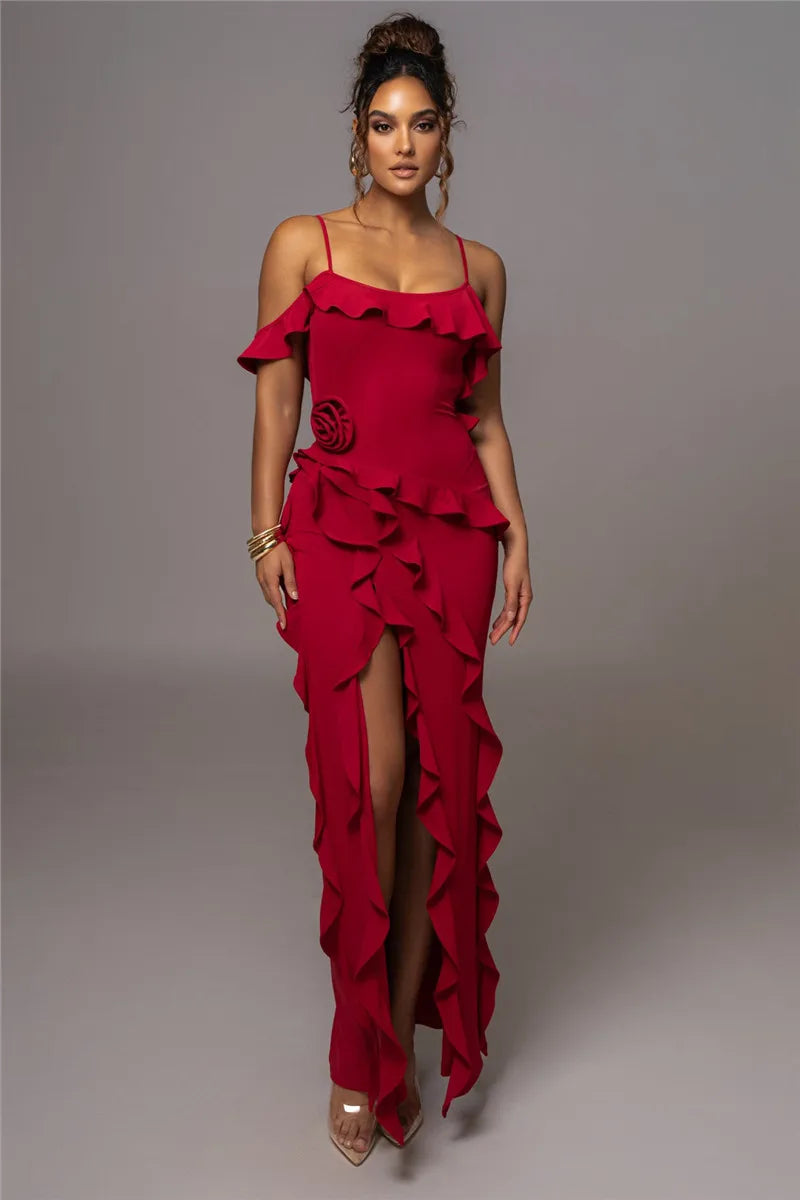 Elegant Ruffle Sexy Maxi Dress Women Spaghetti Strap Flower Sleeveless Backless High Split Club Party Evening Dress