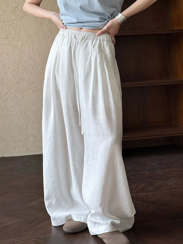 High Elastic Waist Beige Linen Drawstring Long Wide Leg Pants New Trousers Women Fashion Tide Spring Autumn 2025  1DJ0991