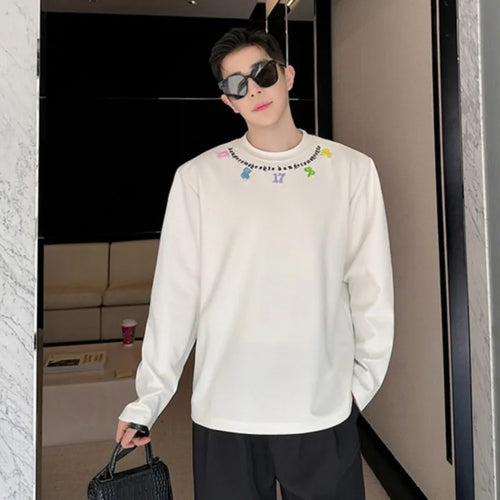 Load image into Gallery viewer, Male T-shirt Korean Style Casual Long Sleeve Round Neck Embroidered Versatile Fashion Pullover Summer 9C5778
