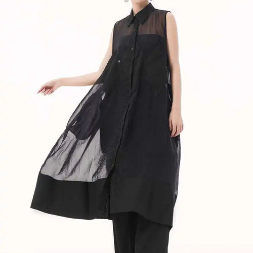 Load image into Gallery viewer, Women Black Mesh Perspective Big Size Long Shirt Dress New Lapel Sleeveless Fashion Tide Spring Summer 2025 1DH9517
