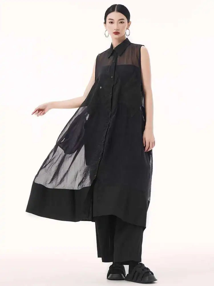 Women Black Mesh Perspective Big Size Long Shirt Dress New Lapel Sleeveless Fashion Tide Spring Summer 2025 1DH9517