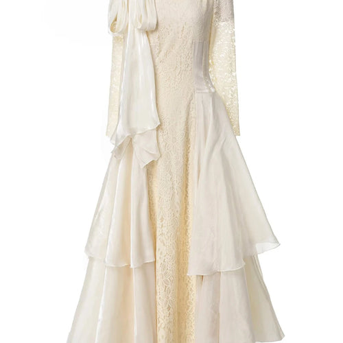 Load image into Gallery viewer, Solid Spliced Lace Up Long Dresses For Women O Neck Long Sleeve High Waist Temperament Dress Female Fashion Style
