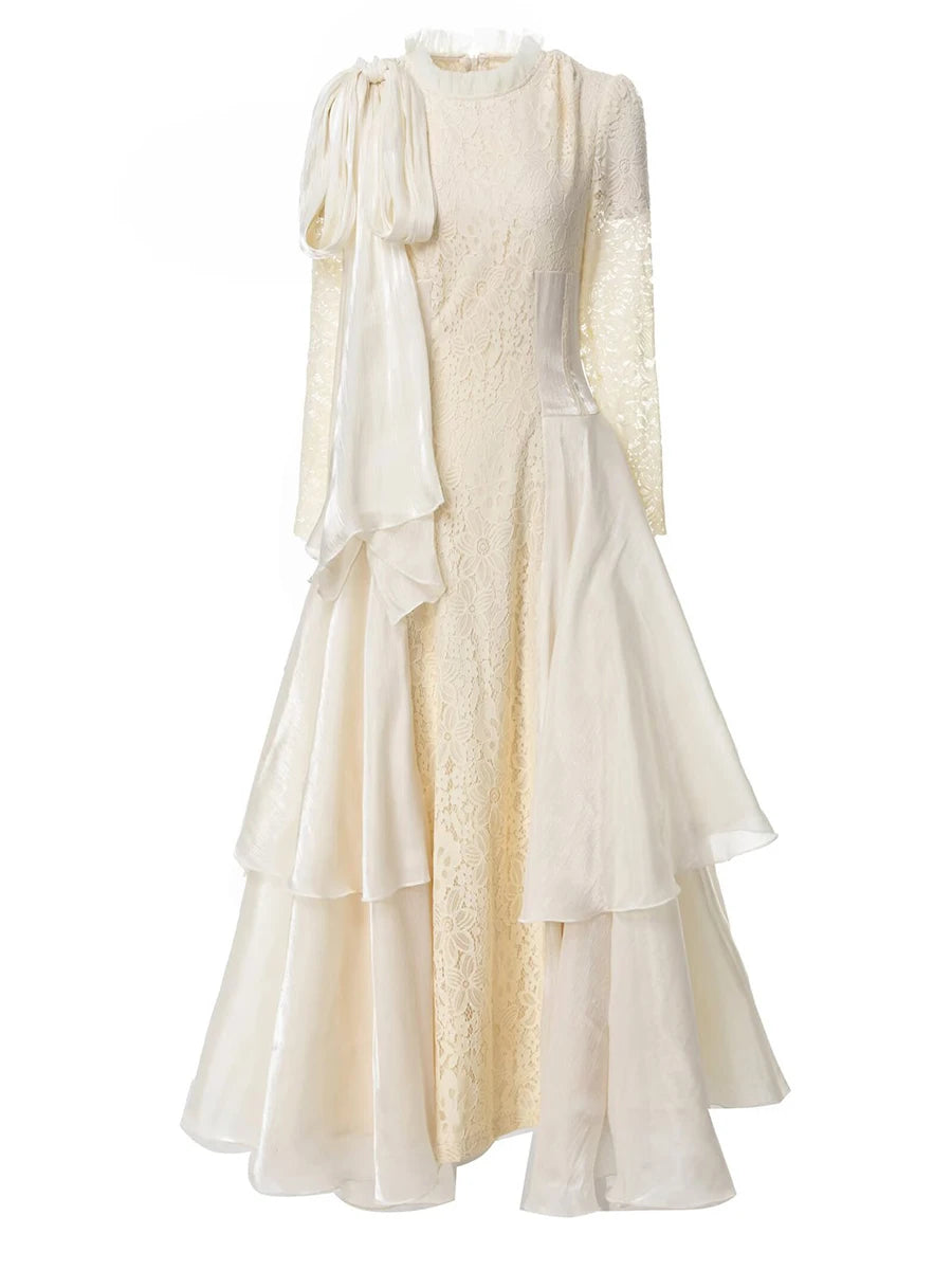 Solid Spliced Lace Up Long Dresses For Women O Neck Long Sleeve High Waist Temperament Dress Female Fashion Style