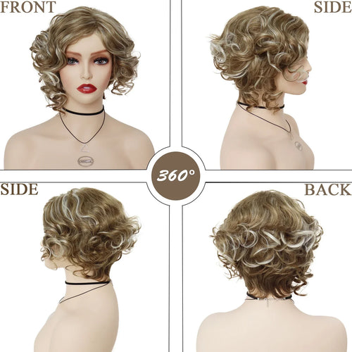 Load image into Gallery viewer, Synthetic Natural Short Curly Wigs for Women Mix Blonde Hair Layered Wig with Bangs Cancer Patient Wig Gift Cosplay Wig
