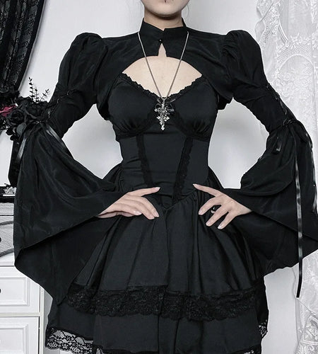 Goth Y2k Aesthetic Women Summer Crop Blouse Sweet Bandage JK Blusas Capes Cosplay Harajuku One-button Flare Sleeve Grunge Shirt