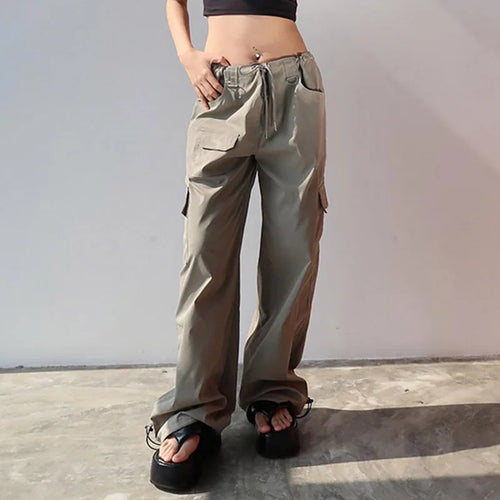 Load image into Gallery viewer, Harajuku Drawstring Cargo Pants Low Waisted Solid Straight Leg Pockets Casual Women&#39;s Trousers Shirring Tech Bottoms
