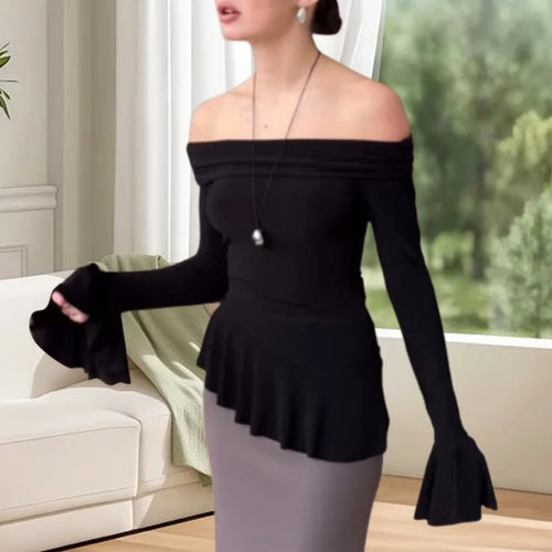 Load image into Gallery viewer, Ruffle Tops y2k Clothes Women Sexy Off Shoulder Flared Long Sleeve Asymmetrical Hem T Shirts 2000s Clothing Streetwear
