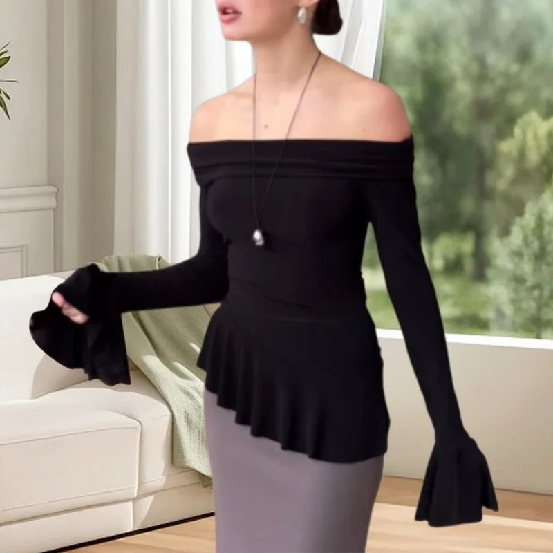 Ruffle Tops y2k Clothes Women Sexy Off Shoulder Flared Long Sleeve Asymmetrical Hem T Shirts 2000s Clothing Streetwear