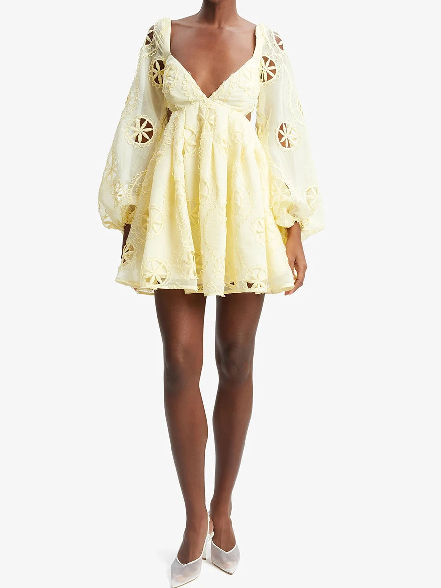 Solid Hollow Out Loose Dresses For Women V Neck Long Sleeve High Waist Temperament Mini Dress Female Fashion New