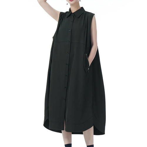 Load image into Gallery viewer, Women Dark Gray Zipper Pocket Big Size Midi Shirt Dress New Lapel Sleeveless Fashion Tide Spring Summer 2025 1DJ0950
