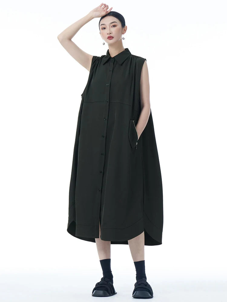 Women Dark Gray Zipper Pocket Big Size Midi Shirt Dress New Lapel Sleeveless Fashion Tide Spring Summer 2025 1DJ0950