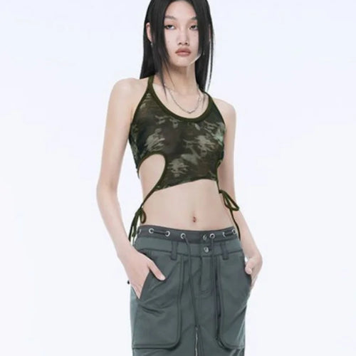 Load image into Gallery viewer, Fake Two Piece Halter Bandage Vest Women Summer Korean Fashion Crop Top Y2k Aesthetic Solid Tee Shirt Femme Hollow Out Camisetas
