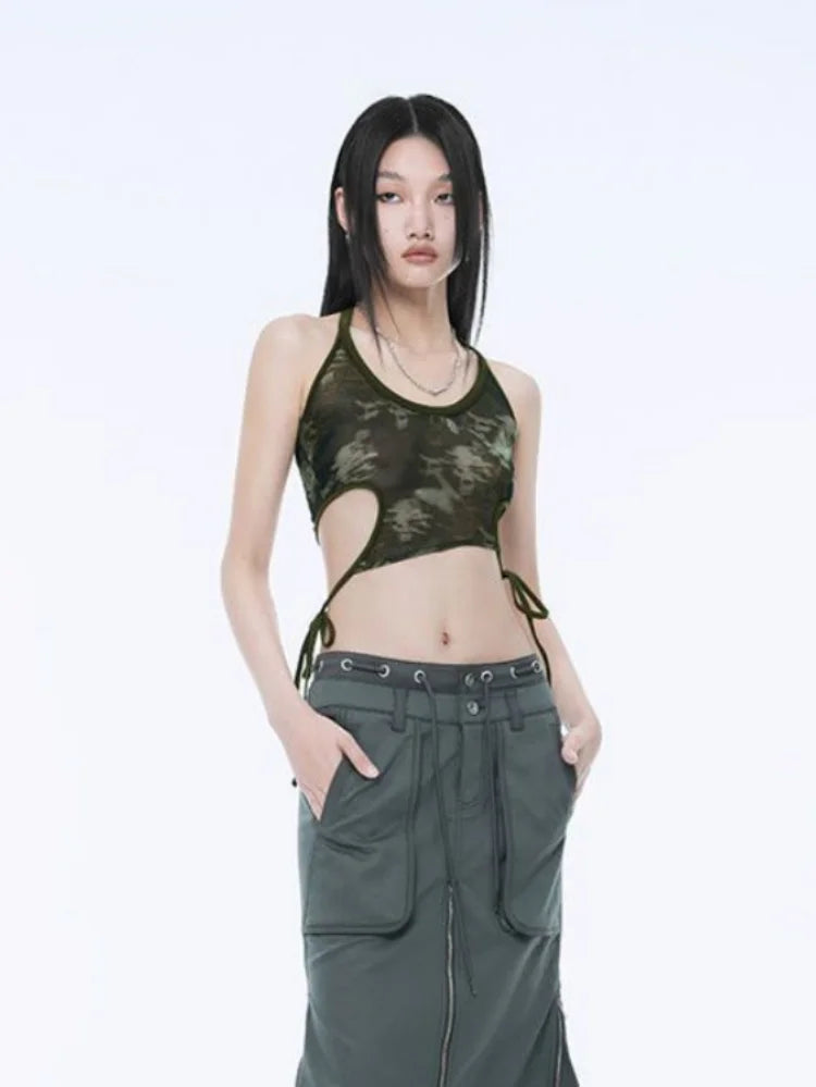 Fake Two Piece Halter Bandage Vest Women Summer Korean Fashion Crop Top Y2k Aesthetic Solid Tee Shirt Femme Hollow Out Camisetas