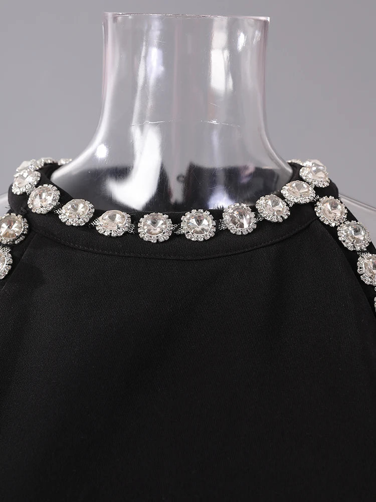 Women Black Rhinestones Spliced Elegant Slim Vest Dress New Round Neck Sleeveless Fashion Tide Spring Summer 2025 CPG2981