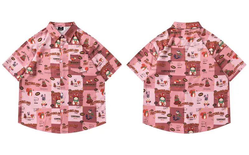 Summer Harajuku Shirts Harajuku Cartoon Graphic Printed Button Up Beach Blouse Streetwear Men Casual Baggy Short Sleeve Tops