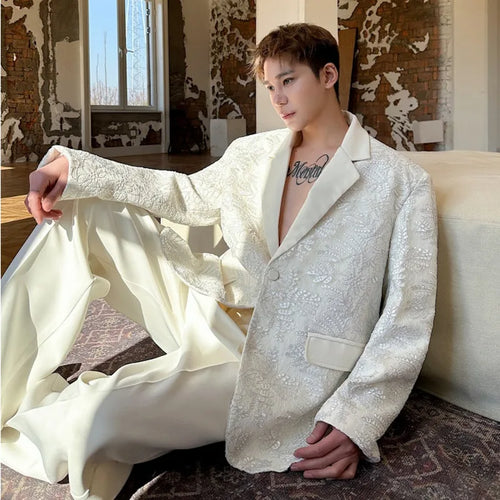 Load image into Gallery viewer, Male Blazer Doublelayer Threedimensional Relief Embroidered Lapel Deisgn Solid Color Single Breasted Suit Jacket 9W1487
