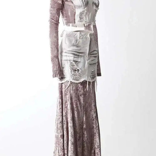 Load image into Gallery viewer, Velvet Denim T-shirt Half-body Skirt Two Pieces Suit New Slash Neck Long Sleeve Women Fashion Spring Autumn 2025 7AB6039
