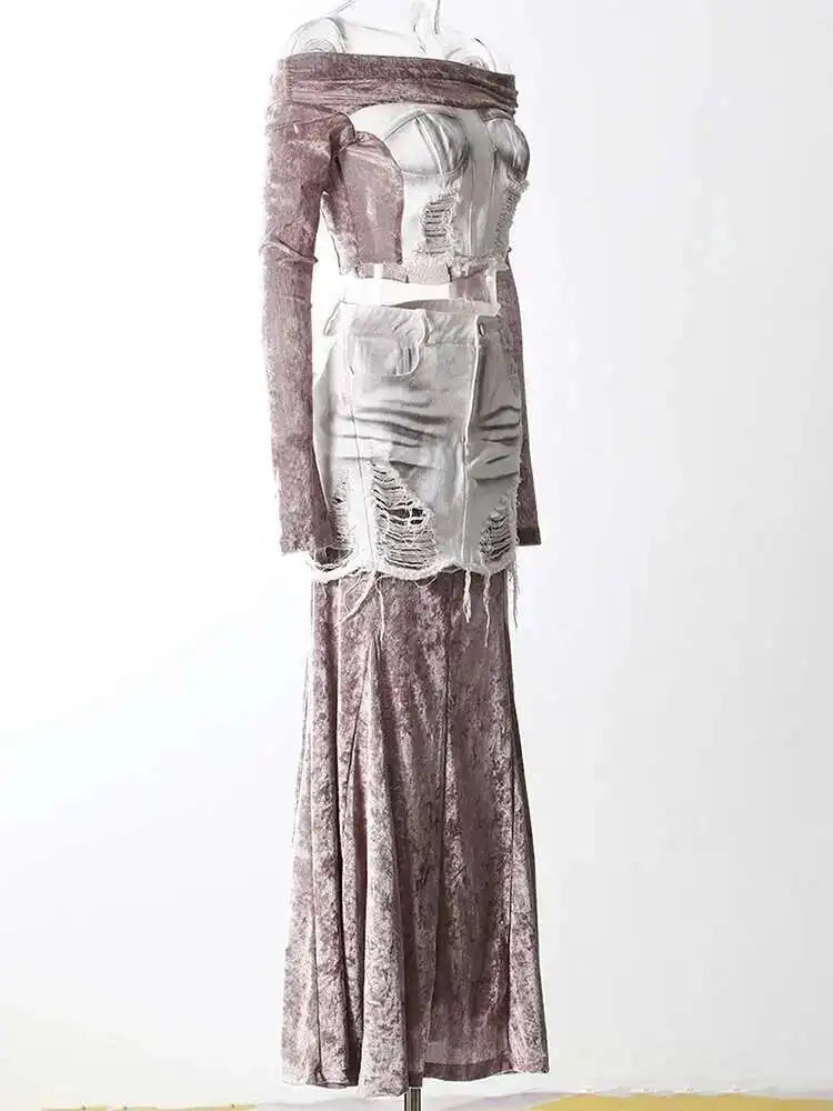 Velvet Denim T-shirt Half-body Skirt Two Pieces Suit New Slash Neck Long Sleeve Women Fashion Spring Autumn 2025 7AB6039