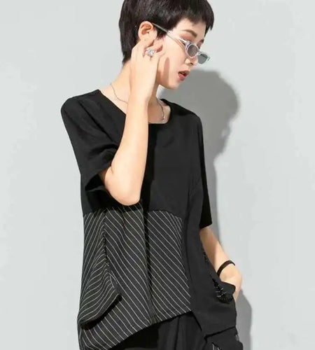 Women Black Irregular Striped Big Size Casual T-shirt New Round Neck Short Sleeve Fashion Tide Spring Summer 2025 1DH5874