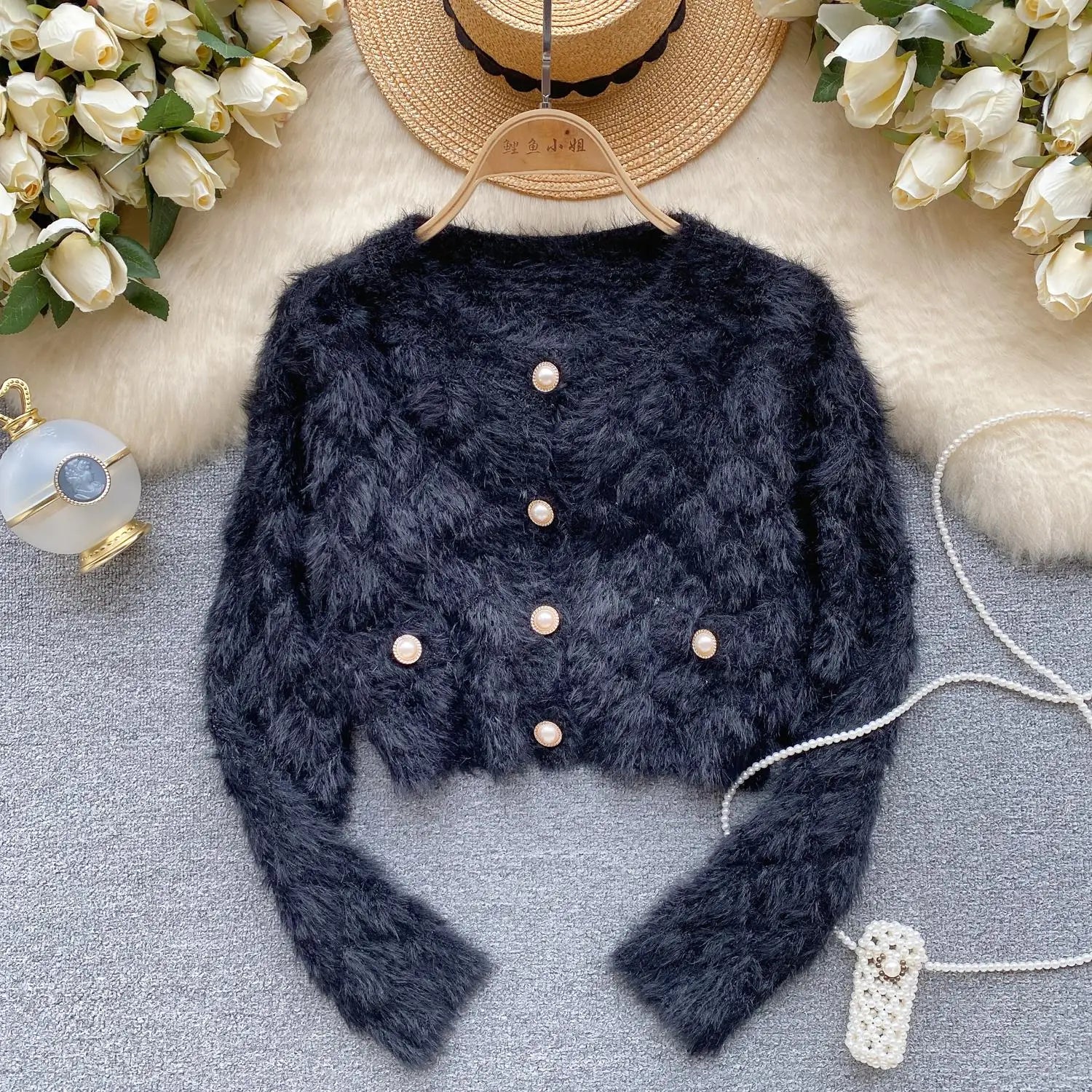 Female Women Fall Winter Solid Plush Mink Knitted Cardigan Sweater V-neck Long Sleeves Loose Single Breasted Jacket French Retro