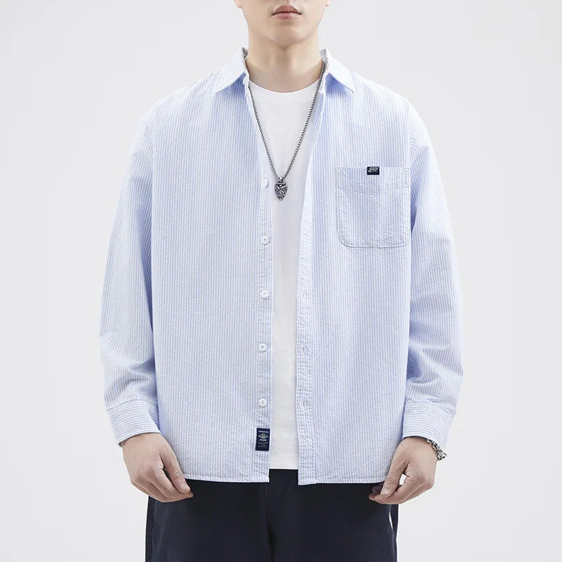 Men's Shirt Striped Turn-down Collar Thin Style Casual Lapel Shirts New Trendy Summer Japanese Style Male Top 9W1314