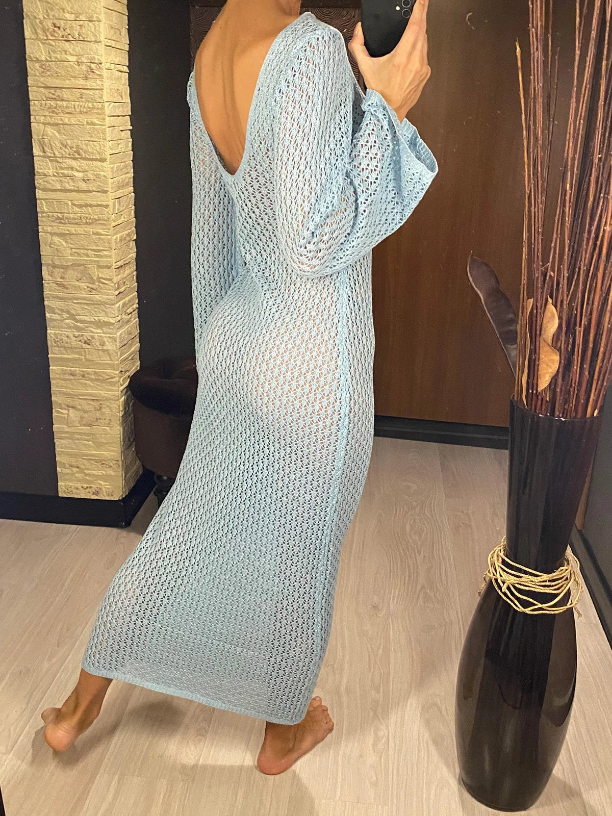 8 Colors V Neck Long Sleeve Crochet Knitted Tunic Beach Cover Up Cover-ups Beach Dress Beach Wear Beachwear Female Women V5046