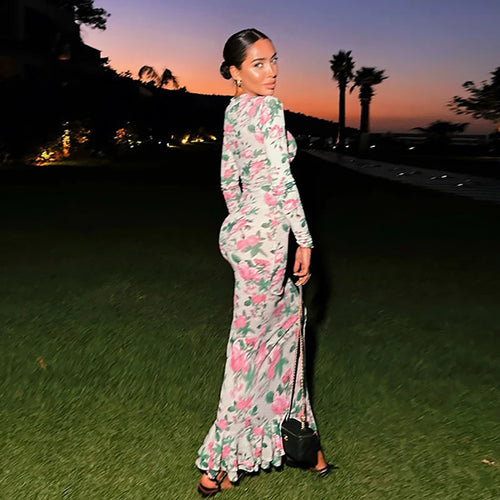 Load image into Gallery viewer, Bodycon Long Sleeve Half High Collar Print Zipper Elegant Maxi Dress Women Slim High Waist Sexy Dress Ladies Outfits
