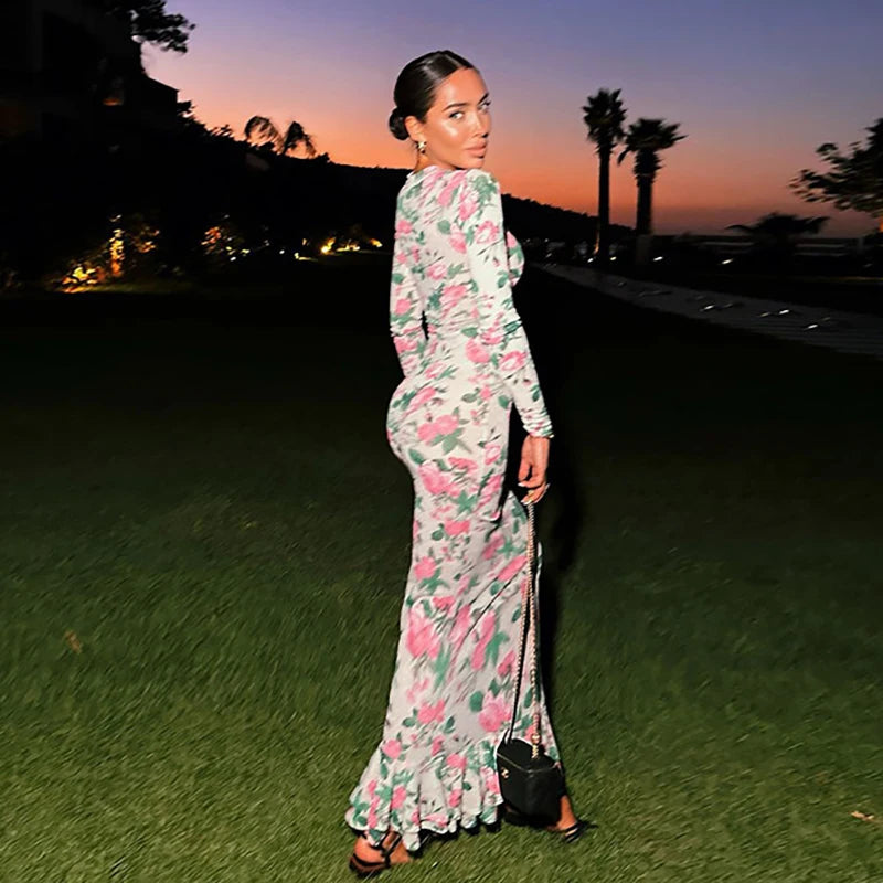 Bodycon Long Sleeve Half High Collar Print Zipper Elegant Maxi Dress Women Slim High Waist Sexy Dress Ladies Outfits