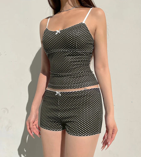 Y2K Aesthetics Polka Dot Printed Two Pieces Set Women's Skinny With Bow Mini Camis+Micro Shorts Summer Basic Outfits