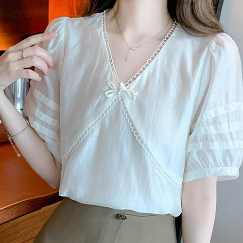 Load image into Gallery viewer, Chic Bow Pure Color Women Blouse French Style Puff Sleeve V-neck Simple Fashion Elegant Office Lady Apricot Basic Blouses
