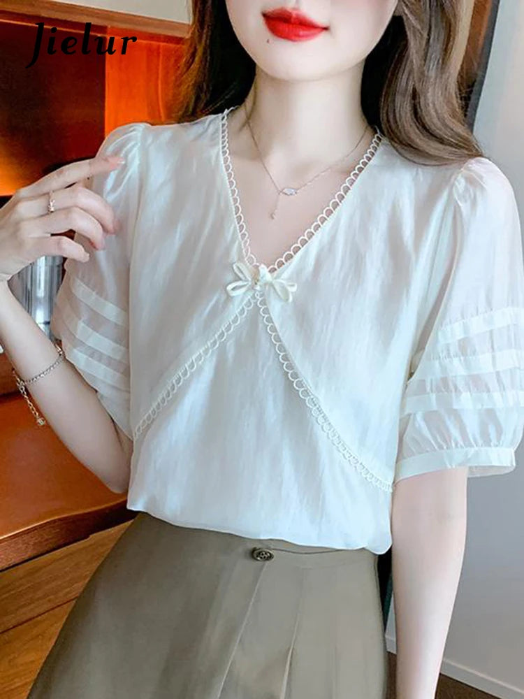 Chic Bow Pure Color Women Blouse French Style Puff Sleeve V-neck Simple Fashion Elegant Office Lady Apricot Basic Blouses