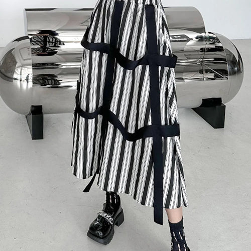 Load image into Gallery viewer, High Elastic Waist Striped Ribbons Long A-line Casual Half-body Skirt Women Fashion Tide New Spring Autumn 2025 1DH8206
