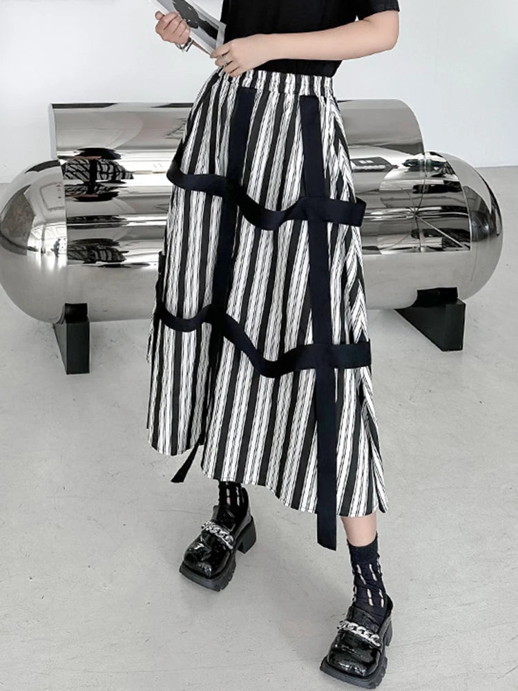 High Elastic Waist Striped Ribbons Long A-line Casual Half-body Skirt Women Fashion Tide New Spring Autumn 2025 1DH8206
