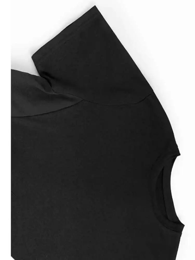 Women Black Pocket Pleated Big Size Midi Casual Dress New Round Neck Short Sleeve Fashion Tide Spring Summer 2025 1DJ0137