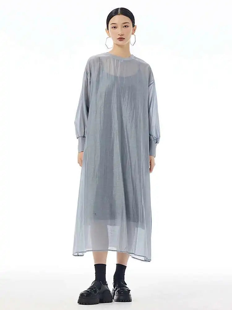 Women Khaki Mesh Perspective Big Size Thin Dress New Round Neck Long Sleeve Fashion Tide Spring Autumn 2025 1DH7412