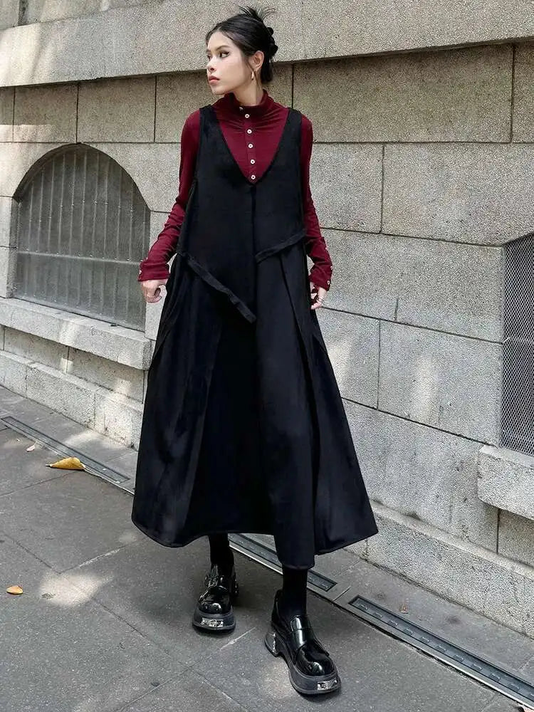 Women Black Irregular Spliced Big Size Long Strap Dress New V-Neck Sleeveless Fashion Tide Spring Autumn 2025 1DH7700