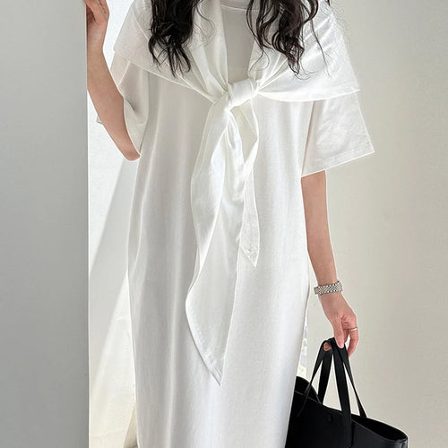 Load image into Gallery viewer, Women White Bandage Irregular Big Size Midi Dress New Round Neck Short Sleeve Fashion Tide Spring Summer 2025 1DJ1263
