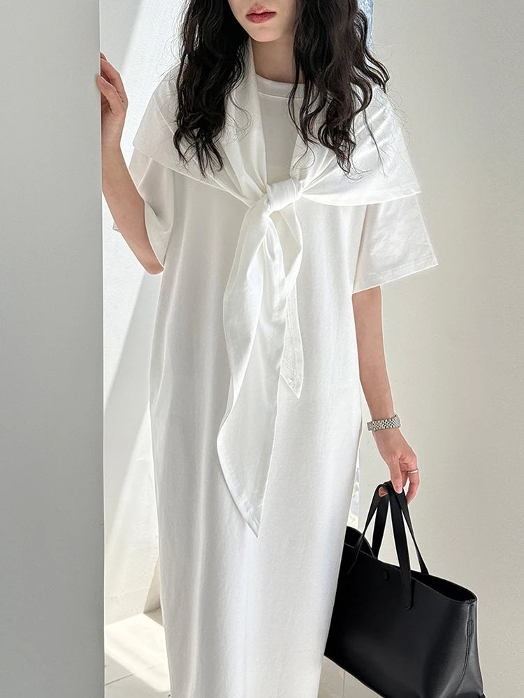 Women White Bandage Irregular Big Size Midi Dress New Round Neck Short Sleeve Fashion Tide Spring Summer 2025 1DJ1263