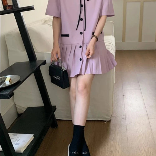 Load image into Gallery viewer, Korean Style Polo Spell Color Female Dresses Loose Straight Single Breasted Bow Puff Sleeve Women’s Dresses Chiffon Dress
